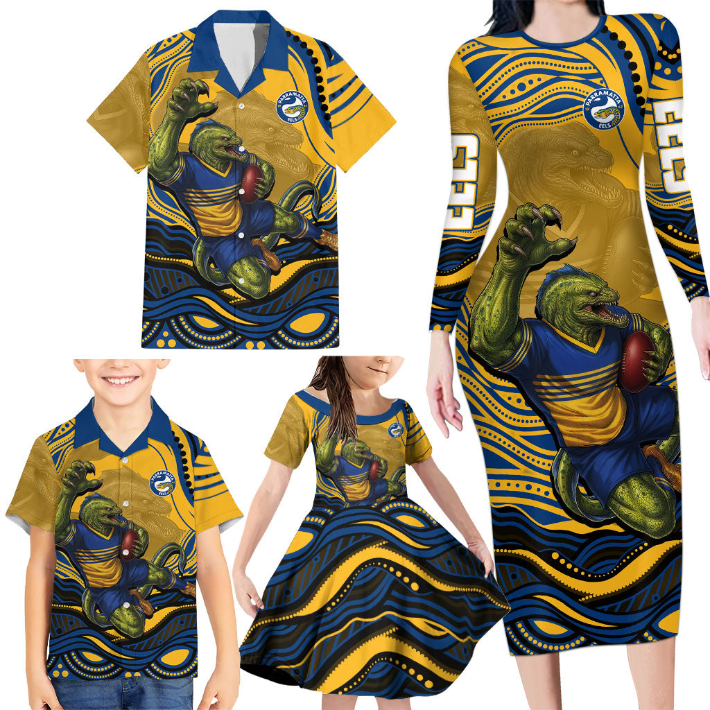 Personalized Parramatta Eels Family Matching Long Sleeve Bodycon Dress and Hawaiian Shirt Aboriginal Dot Art - Dreamtime Rugby Mascot