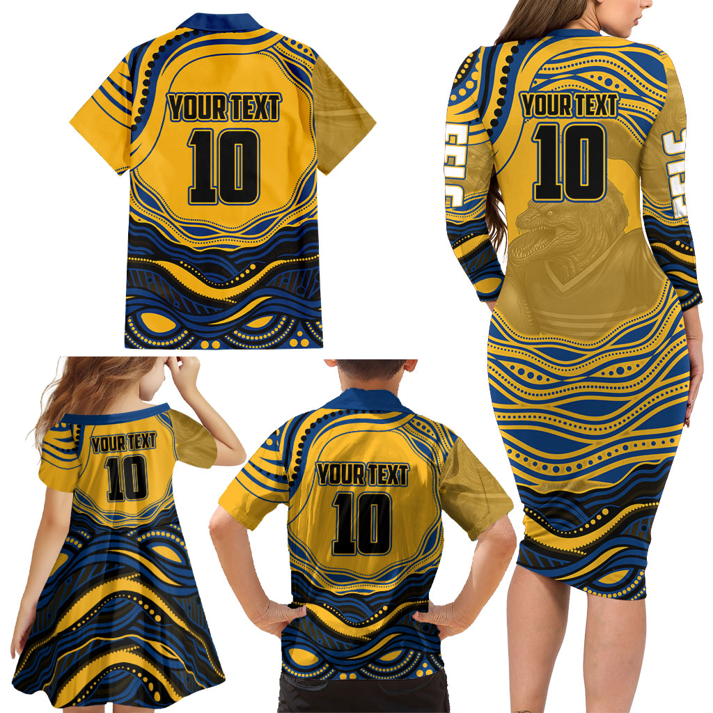 Personalized Parramatta Eels Family Matching Long Sleeve Bodycon Dress and Hawaiian Shirt Aboriginal Dot Art - Dreamtime Rugby Mascot