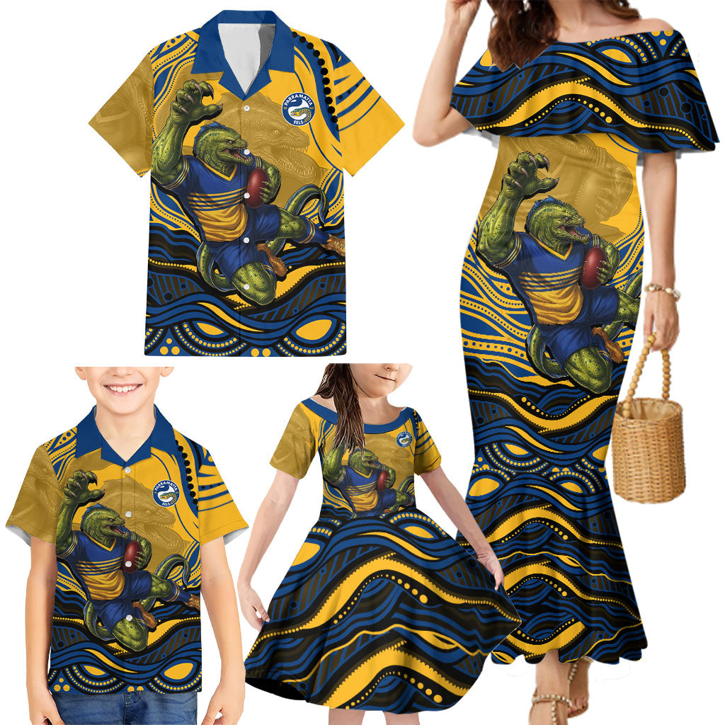 Personalized Parramatta Eels Family Matching Mermaid Dress and Hawaiian Shirt Aboriginal Dot Art - Dreamtime Rugby Mascot