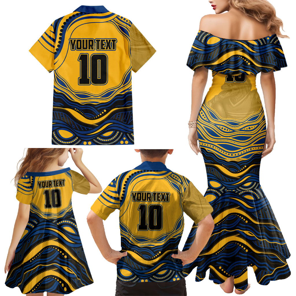 Personalized Parramatta Eels Family Matching Mermaid Dress and Hawaiian Shirt Aboriginal Dot Art - Dreamtime Rugby Mascot