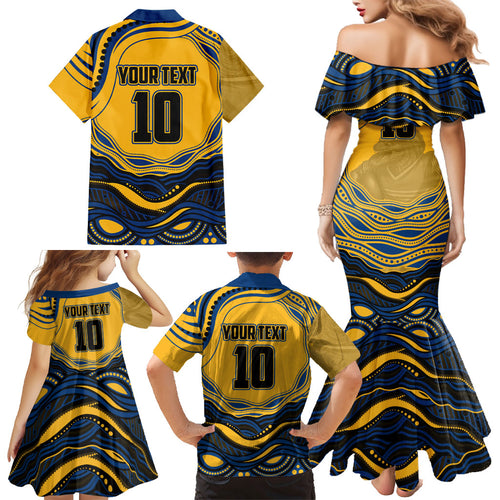 Personalized Parramatta Eels Family Matching Mermaid Dress and Hawaiian Shirt Aboriginal Dot Art - Dreamtime Rugby Mascot