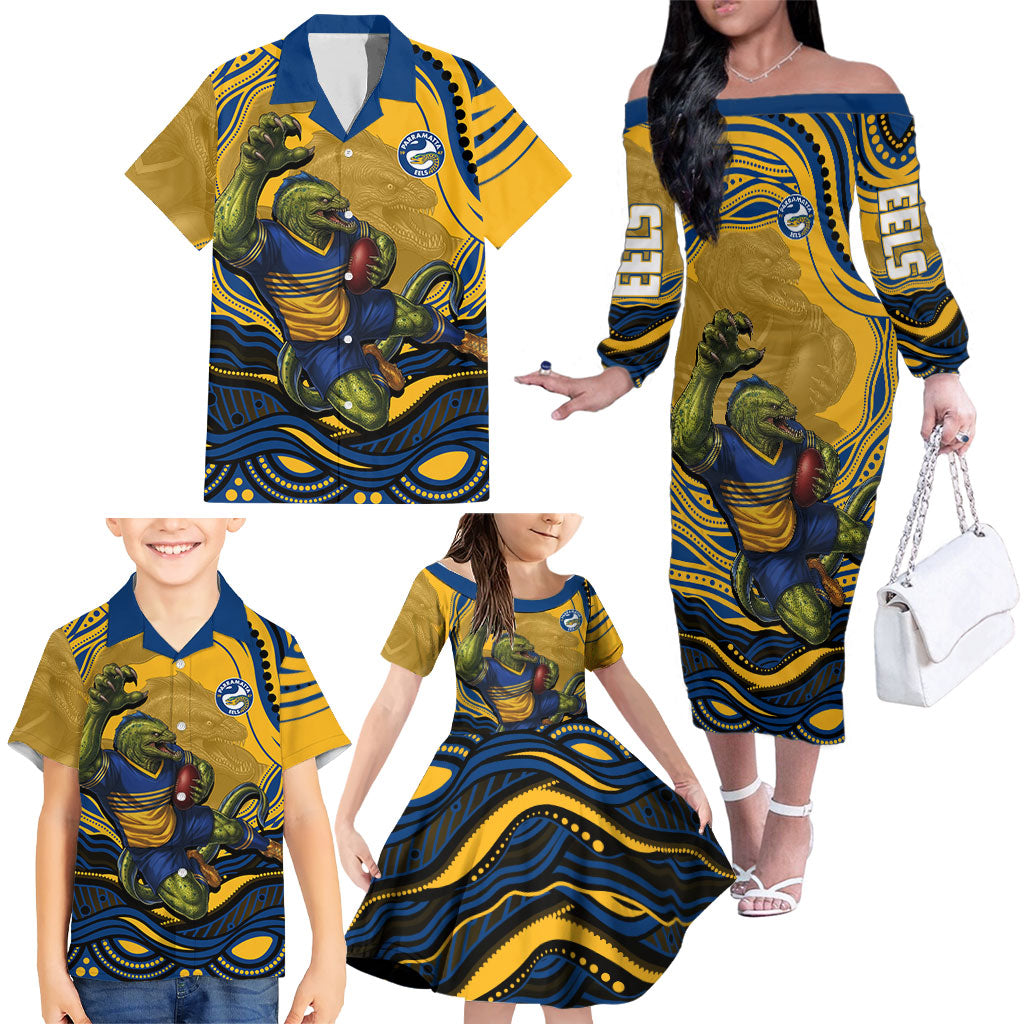 Personalized Parramatta Eels Family Matching Off The Shoulder Long Sleeve Dress and Hawaiian Shirt Aboriginal Dot Art - Dreamtime Rugby Mascot