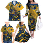 Personalized Parramatta Eels Family Matching Off The Shoulder Long Sleeve Dress and Hawaiian Shirt Aboriginal Dot Art - Dreamtime Rugby Mascot