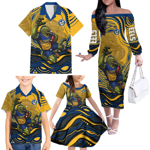 Personalized Parramatta Eels Family Matching Off The Shoulder Long Sleeve Dress and Hawaiian Shirt Aboriginal Dot Art - Dreamtime Rugby Mascot