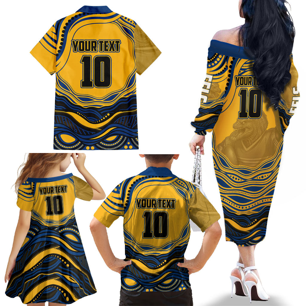 Personalized Parramatta Eels Family Matching Off The Shoulder Long Sleeve Dress and Hawaiian Shirt Aboriginal Dot Art - Dreamtime Rugby Mascot