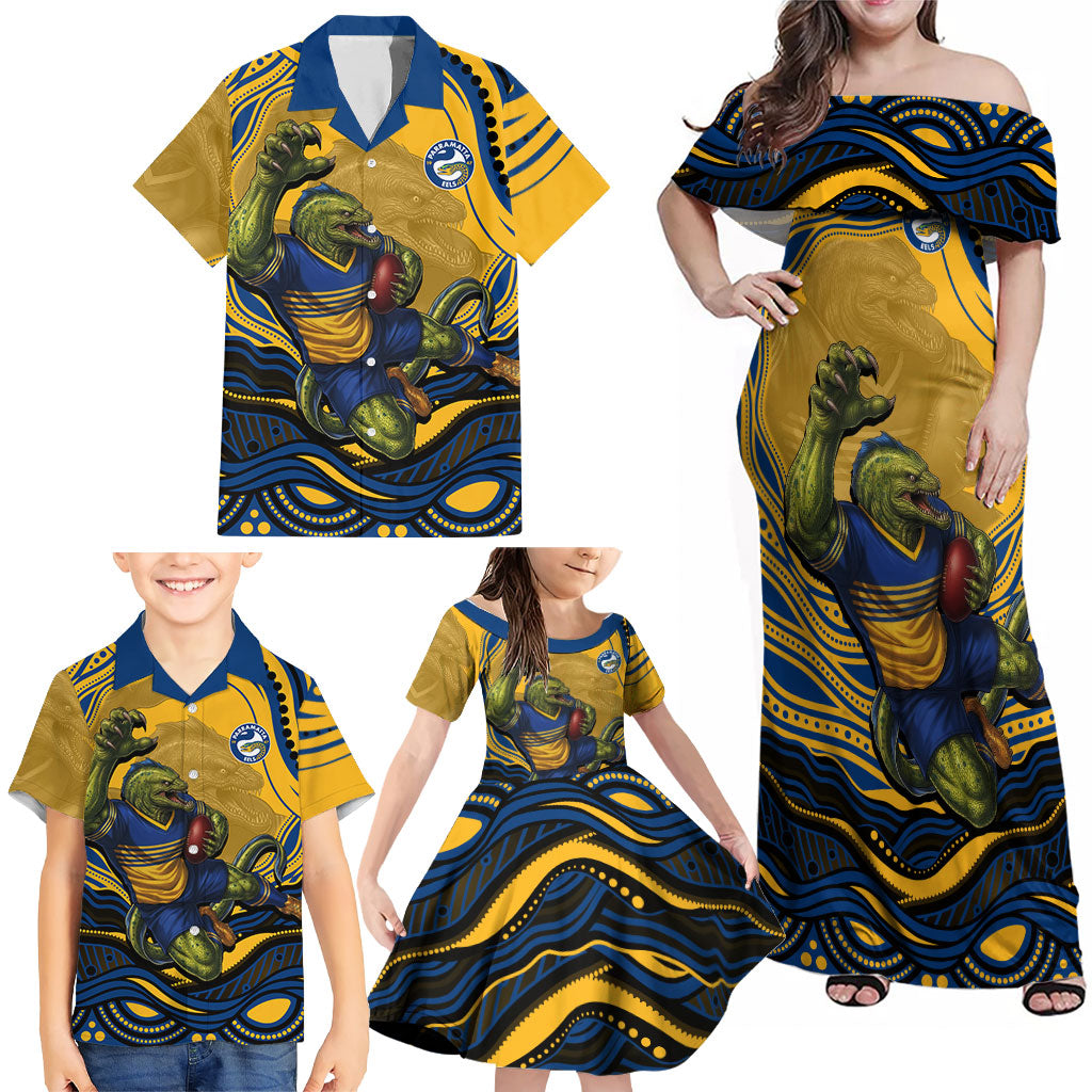 Personalized Parramatta Eels Family Matching Off Shoulder Maxi Dress and Hawaiian Shirt Aboriginal Dot Art - Dreamtime Rugby Mascot