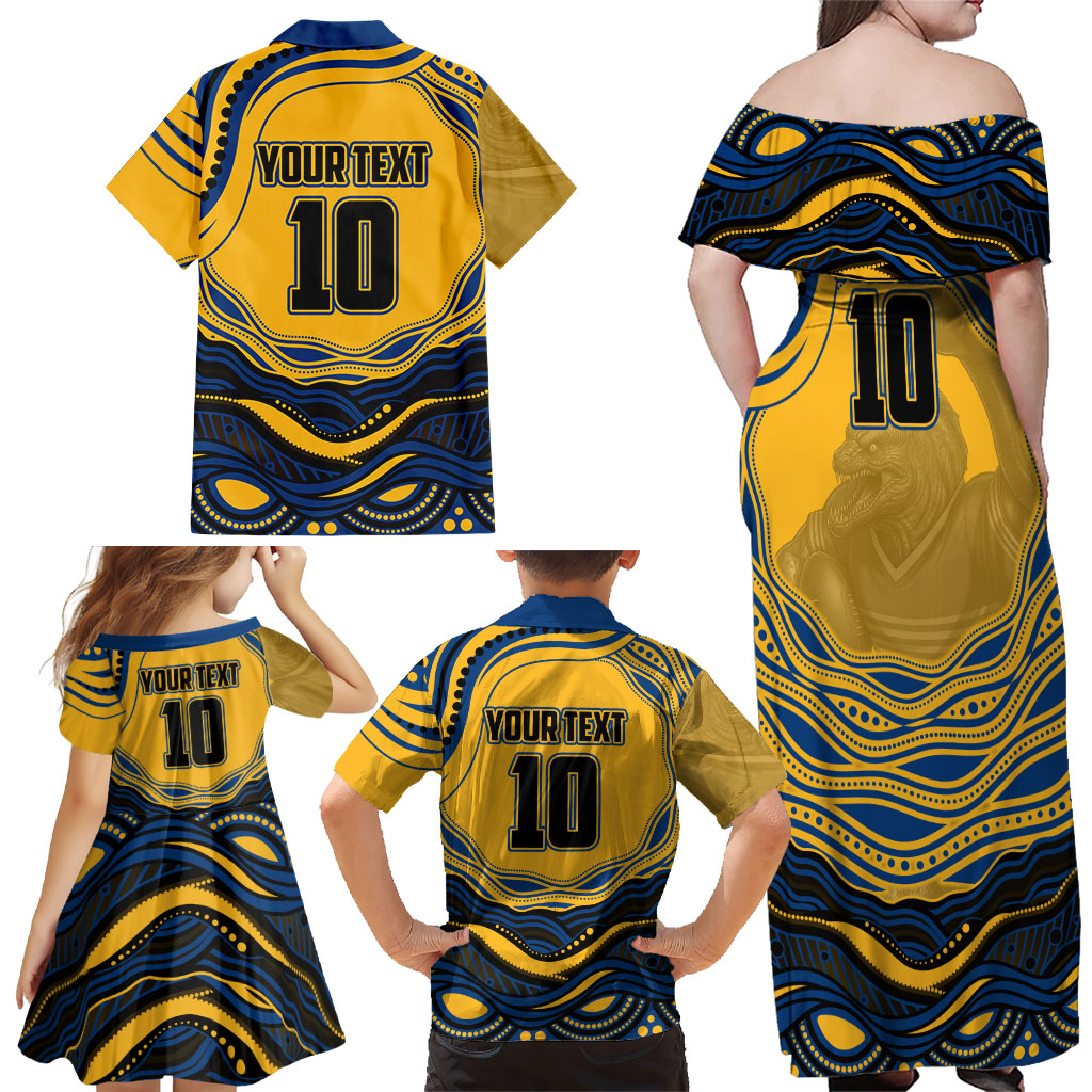 Personalized Parramatta Eels Family Matching Off Shoulder Maxi Dress and Hawaiian Shirt Aboriginal Dot Art - Dreamtime Rugby Mascot