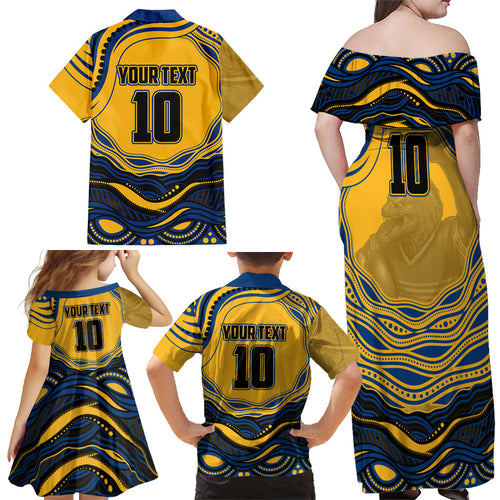 Personalized Parramatta Eels Family Matching Off Shoulder Maxi Dress and Hawaiian Shirt Aboriginal Dot Art - Dreamtime Rugby Mascot