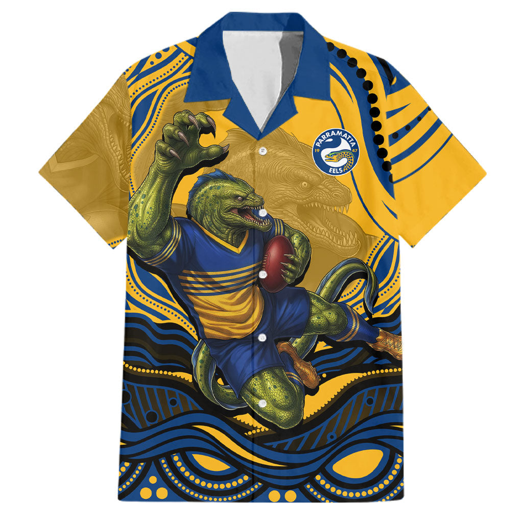 Personalized Parramatta Eels Family Matching Off Shoulder Maxi Dress and Hawaiian Shirt Aboriginal Dot Art - Dreamtime Rugby Mascot