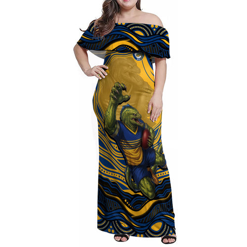 Personalized Parramatta Eels Family Matching Off Shoulder Maxi Dress and Hawaiian Shirt Aboriginal Dot Art - Dreamtime Rugby Mascot