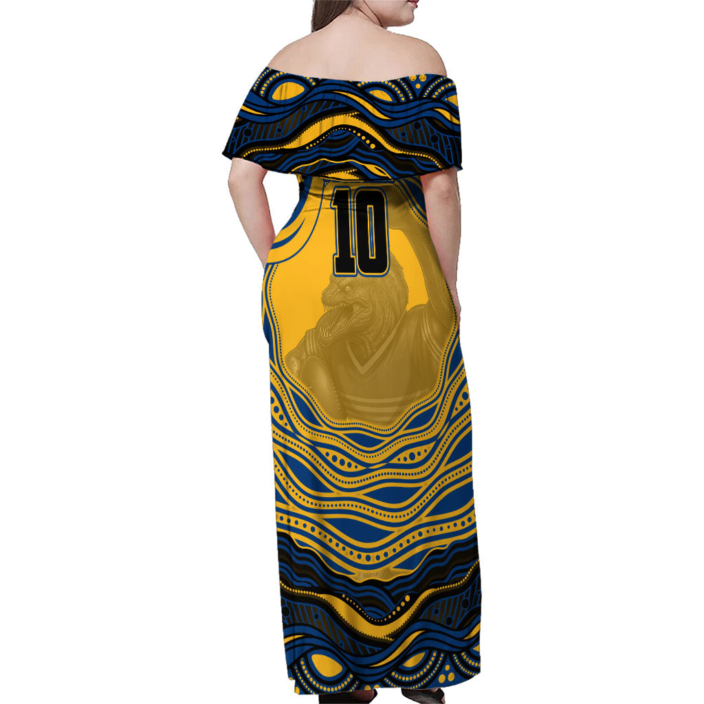 Personalized Parramatta Eels Family Matching Off Shoulder Maxi Dress and Hawaiian Shirt Aboriginal Dot Art - Dreamtime Rugby Mascot