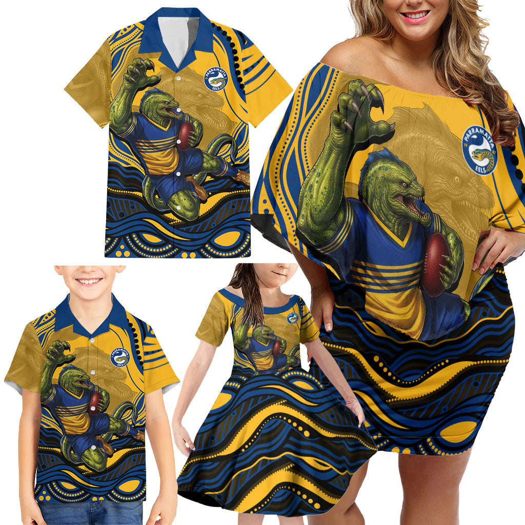 Personalized Parramatta Eels Family Matching Off Shoulder Short Dress and Hawaiian Shirt Aboriginal Dot Art - Dreamtime Rugby Mascot