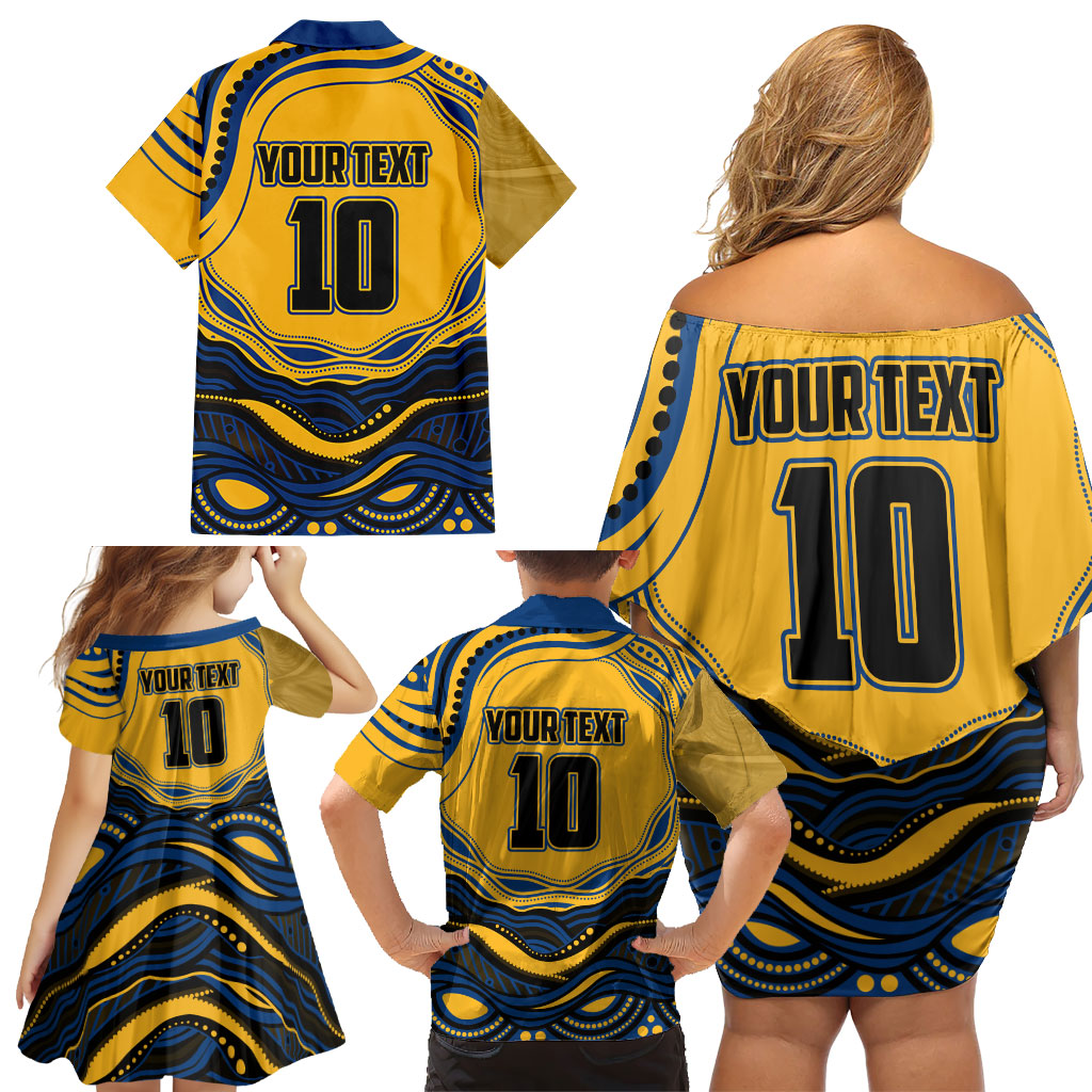 Personalized Parramatta Eels Family Matching Off Shoulder Short Dress and Hawaiian Shirt Aboriginal Dot Art - Dreamtime Rugby Mascot