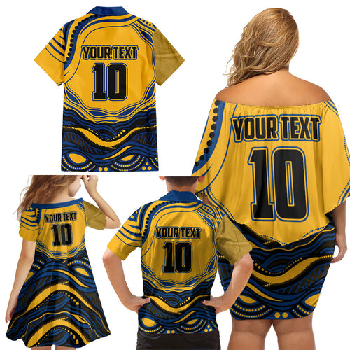 Personalized Parramatta Eels Family Matching Off Shoulder Short Dress and Hawaiian Shirt Aboriginal Dot Art - Dreamtime Rugby Mascot