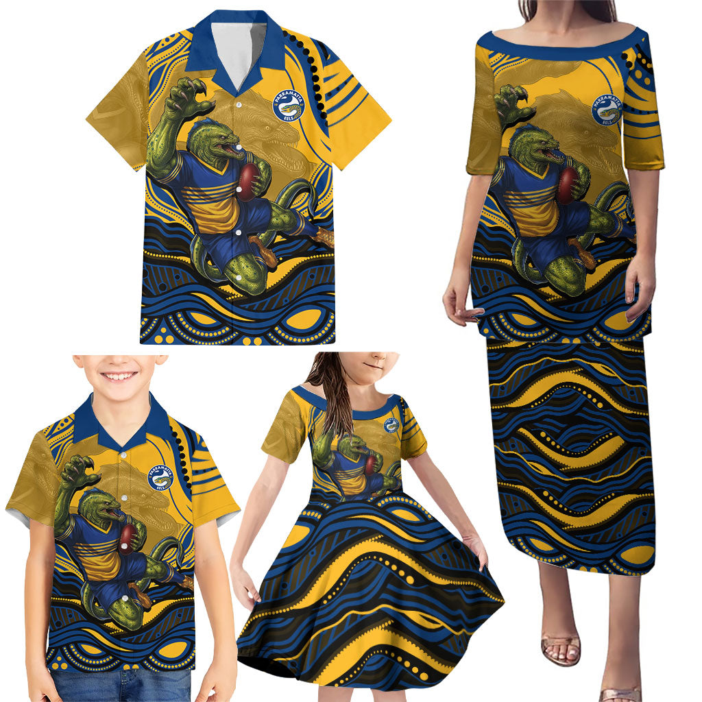 Personalized Parramatta Eels Family Matching Puletasi and Hawaiian Shirt Aboriginal Dot Art - Dreamtime Rugby Mascot