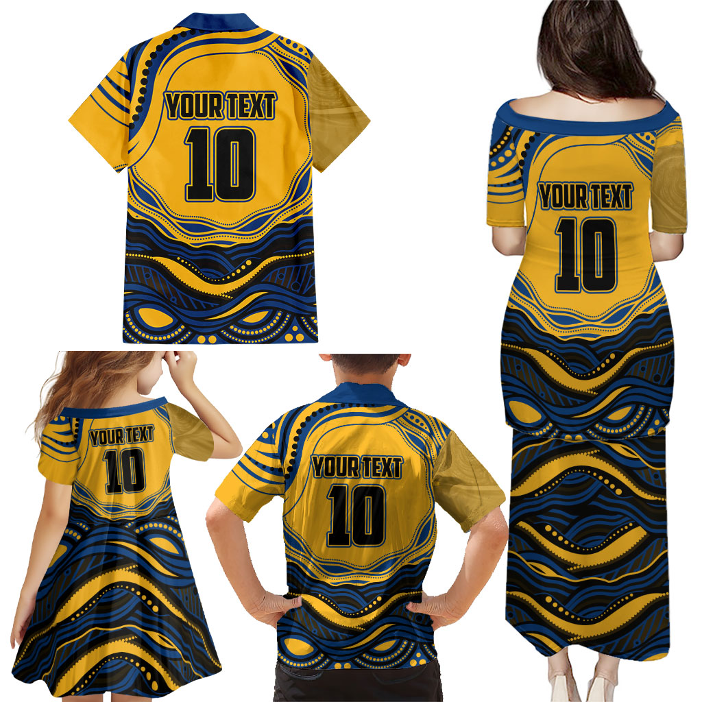 Personalized Parramatta Eels Family Matching Puletasi and Hawaiian Shirt Aboriginal Dot Art - Dreamtime Rugby Mascot