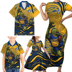 Personalized Parramatta Eels Family Matching Short Sleeve Bodycon Dress and Hawaiian Shirt Aboriginal Dot Art - Dreamtime Rugby Mascot