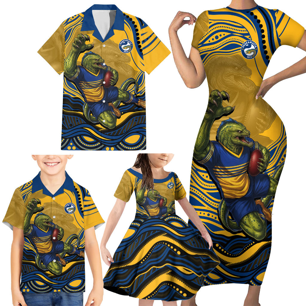 Personalized Parramatta Eels Family Matching Short Sleeve Bodycon Dress and Hawaiian Shirt Aboriginal Dot Art - Dreamtime Rugby Mascot