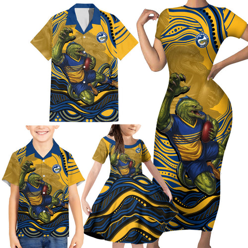 Personalized Parramatta Eels Family Matching Short Sleeve Bodycon Dress and Hawaiian Shirt Aboriginal Dot Art - Dreamtime Rugby Mascot