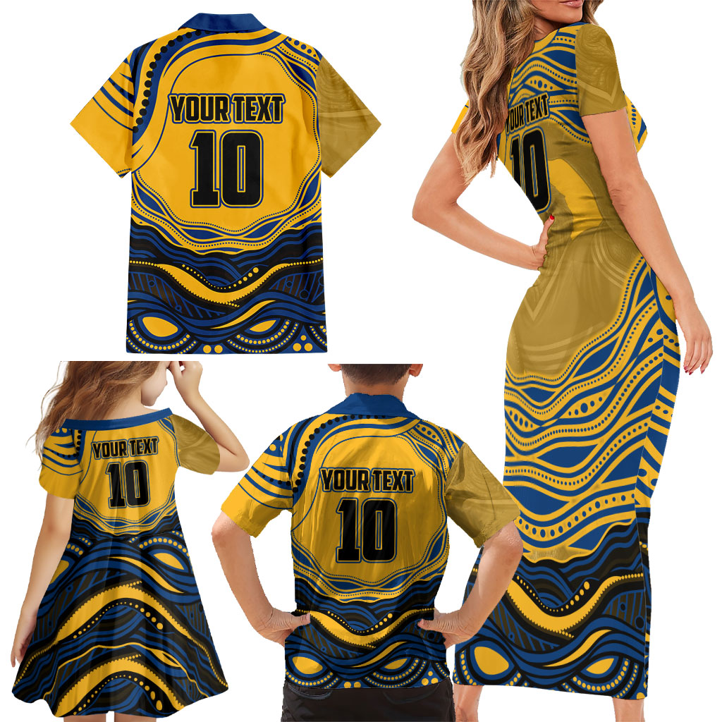 Personalized Parramatta Eels Family Matching Short Sleeve Bodycon Dress and Hawaiian Shirt Aboriginal Dot Art - Dreamtime Rugby Mascot