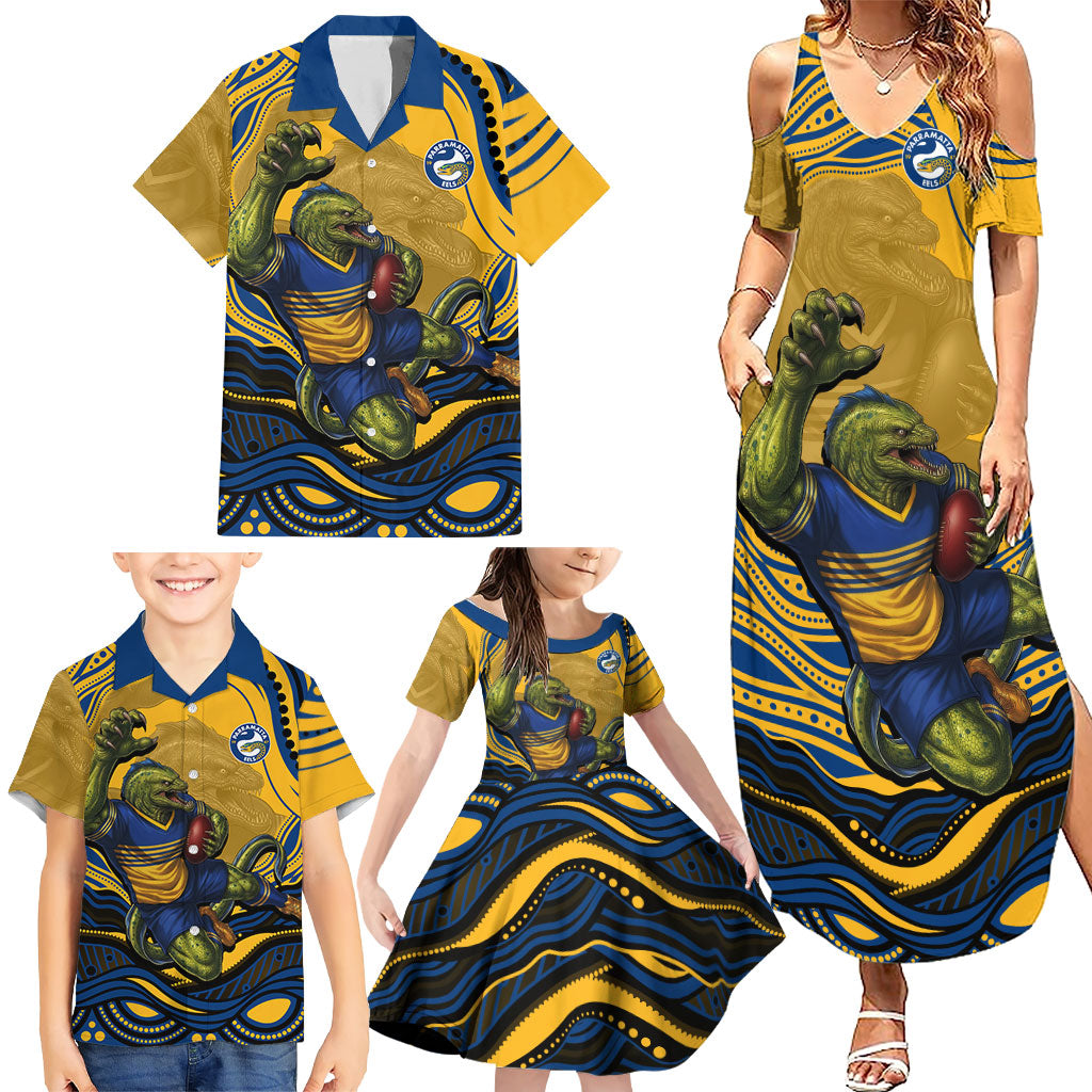 Personalized Parramatta Eels Family Matching Summer Maxi Dress and Hawaiian Shirt Aboriginal Dot Art - Dreamtime Rugby Mascot