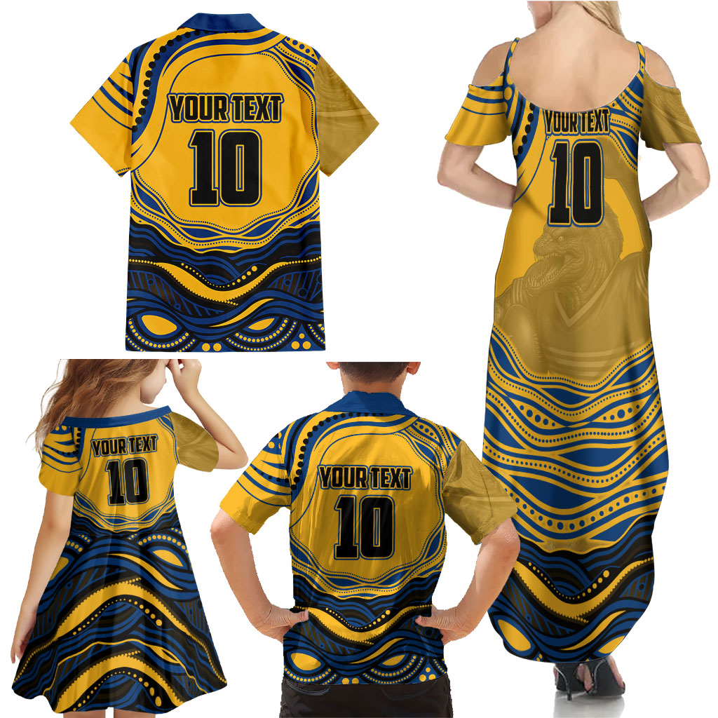 Personalized Parramatta Eels Family Matching Summer Maxi Dress and Hawaiian Shirt Aboriginal Dot Art - Dreamtime Rugby Mascot