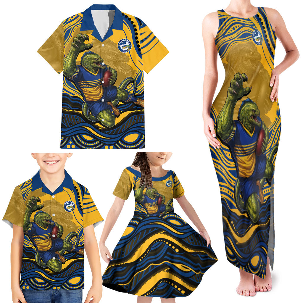 Personalized Parramatta Eels Family Matching Tank Maxi Dress and Hawaiian Shirt Aboriginal Dot Art - Dreamtime Rugby Mascot