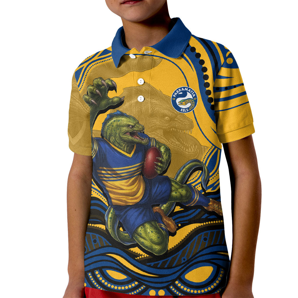 Personalized Parramatta Eels Kid Polo Shirt Aboriginal Dot Art - Dreamtime Rugby Mascot