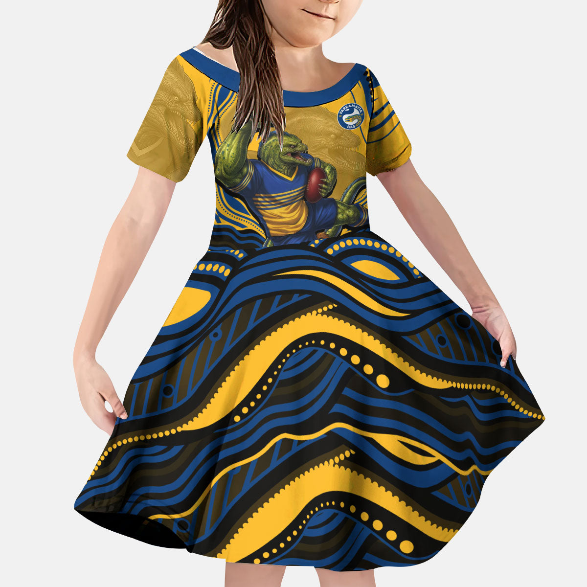 Personalized Parramatta Eels Kid Short Sleeve Dress Aboriginal Dot Art - Dreamtime Rugby Mascot
