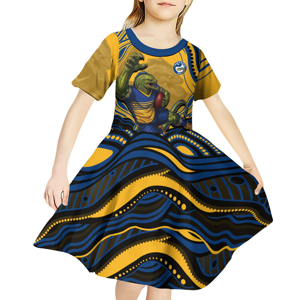 Personalized Parramatta Eels Kid Short Sleeve Dress Aboriginal Dot Art - Dreamtime Rugby Mascot