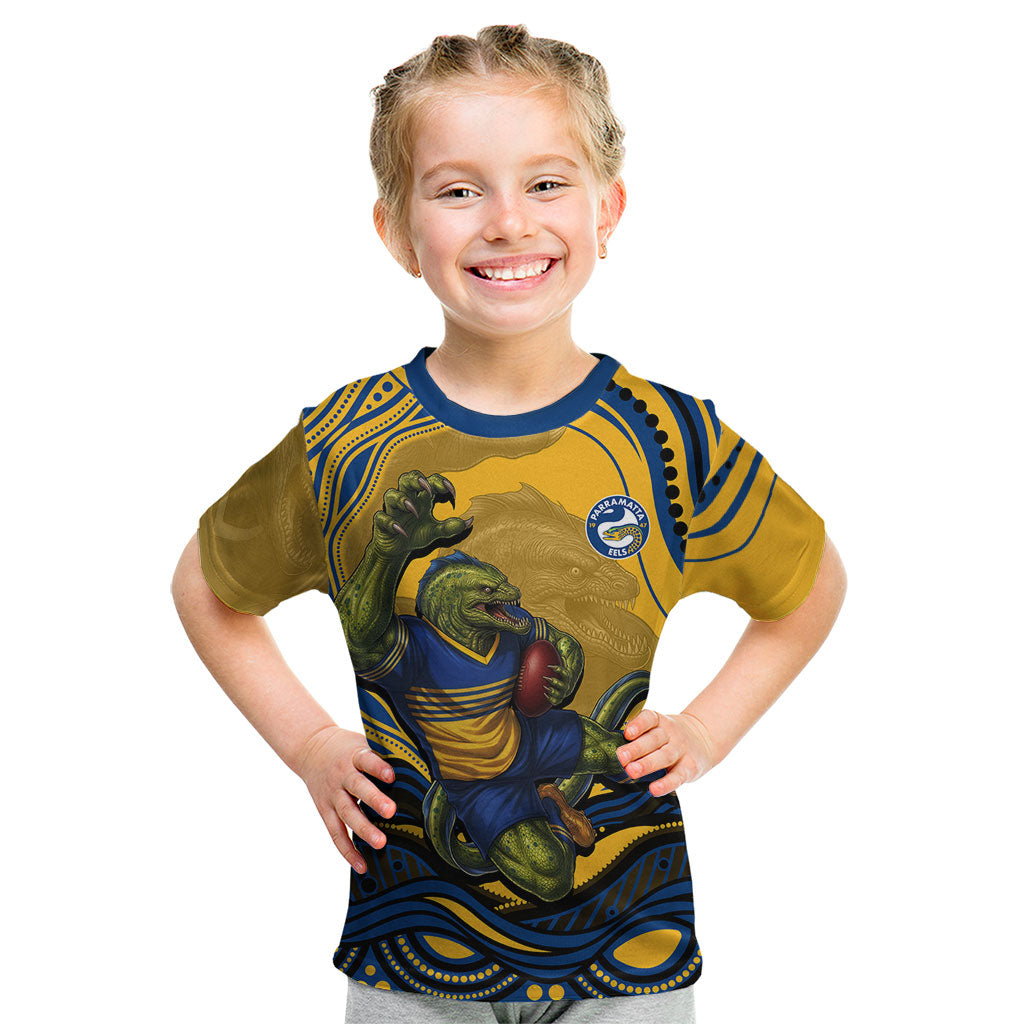 Personalized Parramatta Eels Kid T Shirt Aboriginal Dot Art - Dreamtime Rugby Mascot