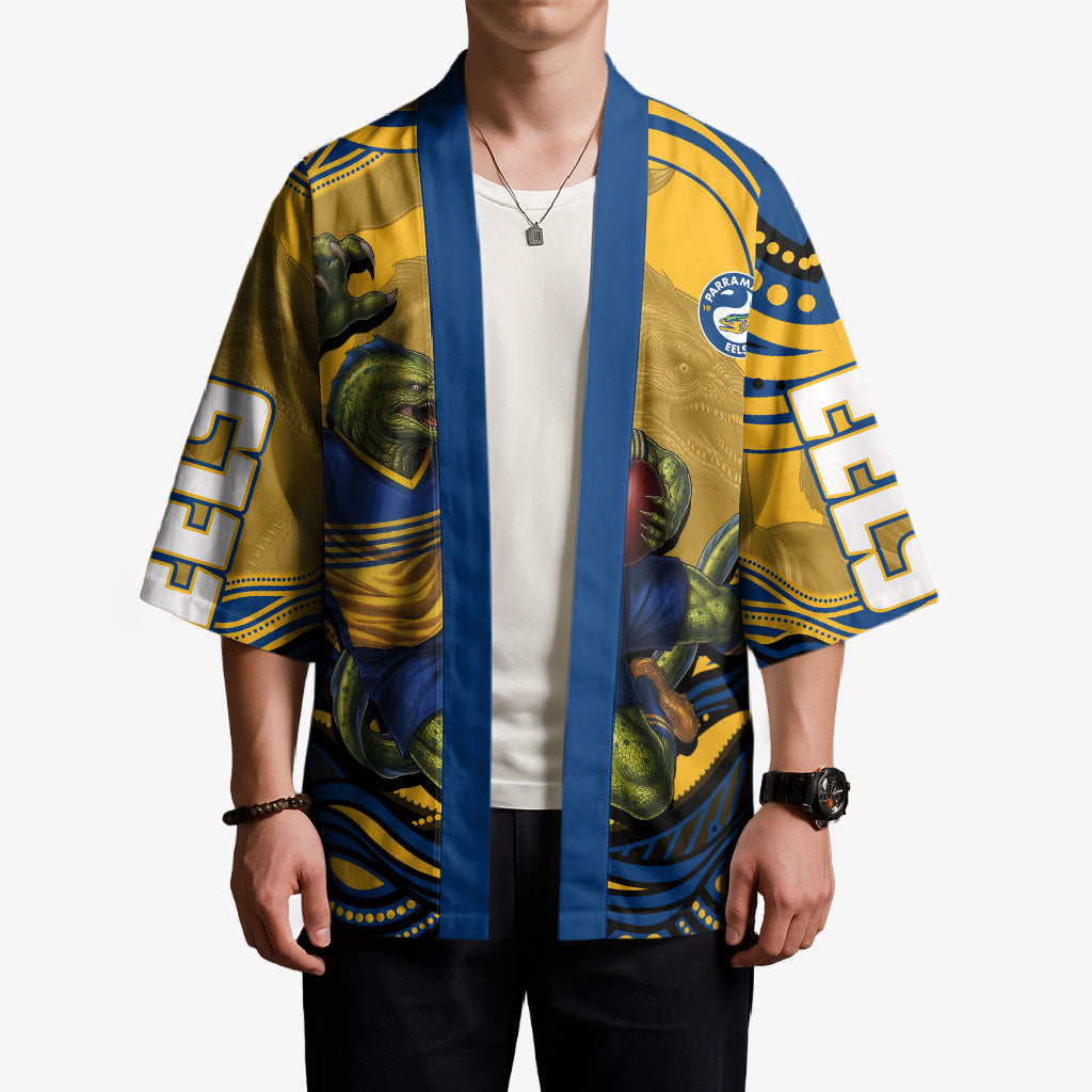 Personalized Parramatta Eels Kimono Aboriginal Dot Art - Dreamtime Rugby Mascot