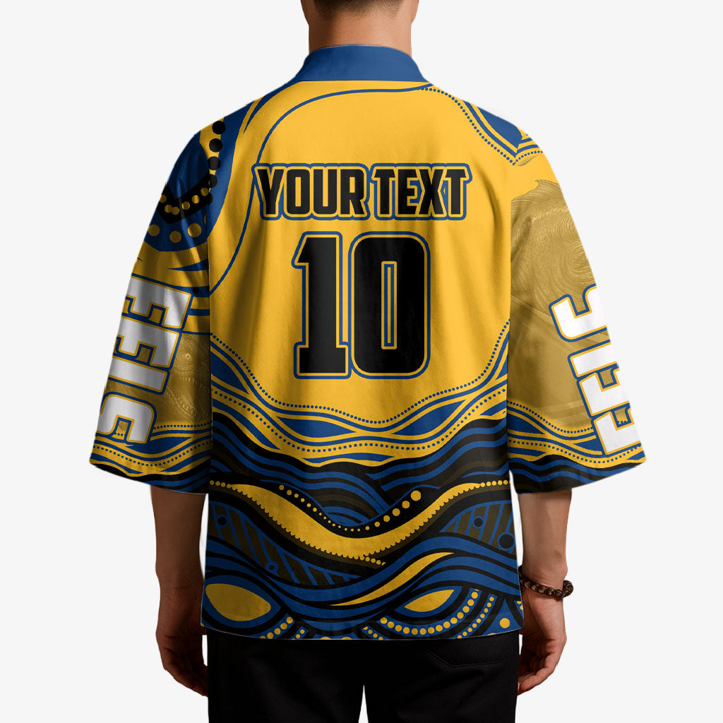 Personalized Parramatta Eels Kimono Aboriginal Dot Art - Dreamtime Rugby Mascot