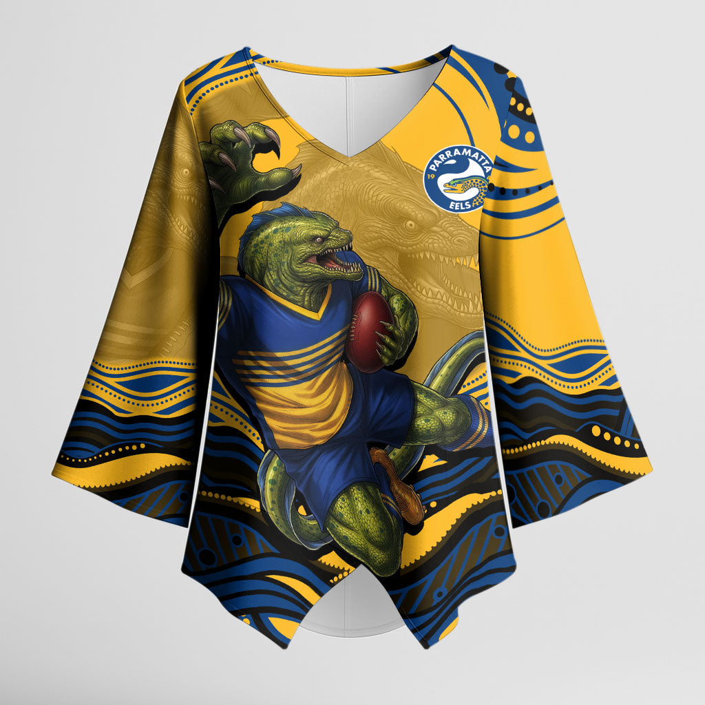 Personalized Parramatta Eels Kimono Sleeve Blouse Aboriginal Dot Art - Dreamtime Rugby Mascot