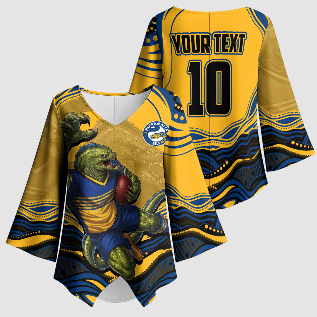 Personalized Parramatta Eels Kimono Sleeve Blouse Aboriginal Dot Art - Dreamtime Rugby Mascot