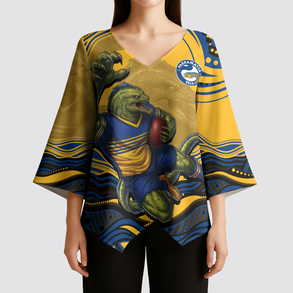 Personalized Parramatta Eels Kimono Sleeve Blouse Aboriginal Dot Art - Dreamtime Rugby Mascot