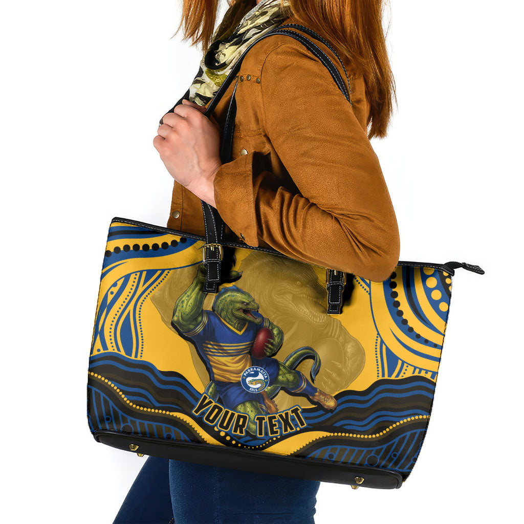 Personalized Parramatta Eels Leather Tote Bag Aboriginal Dot Art - Dreamtime Rugby Mascot