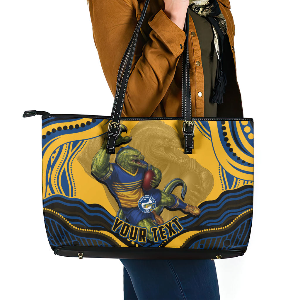 Personalized Parramatta Eels Leather Tote Bag Aboriginal Dot Art - Dreamtime Rugby Mascot