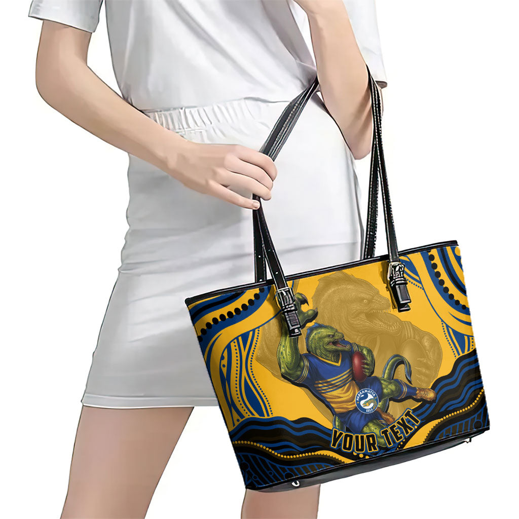 Personalized Parramatta Eels Leather Tote Bag Aboriginal Dot Art - Dreamtime Rugby Mascot