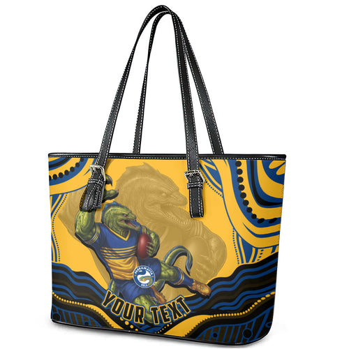 Personalized Parramatta Eels Leather Tote Bag Aboriginal Dot Art - Dreamtime Rugby Mascot