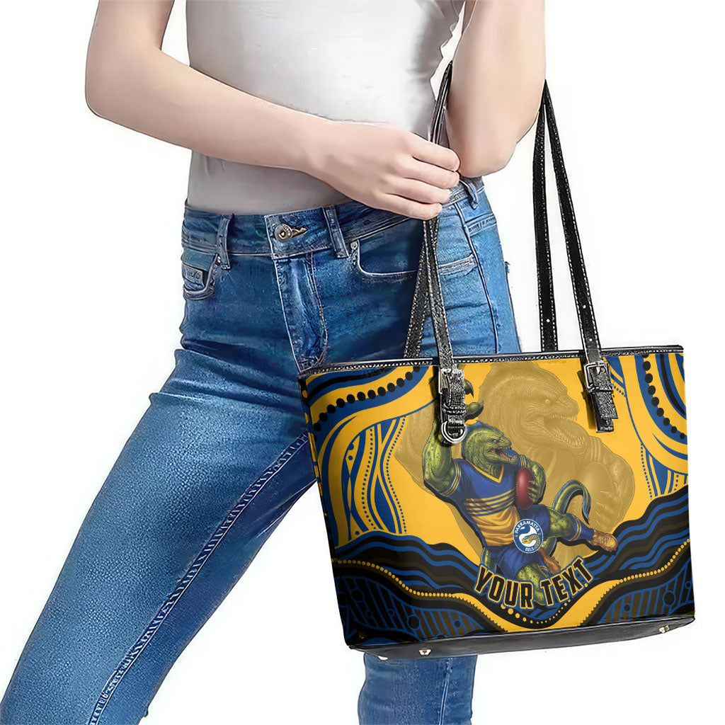 Personalized Parramatta Eels Leather Tote Bag Aboriginal Dot Art - Dreamtime Rugby Mascot