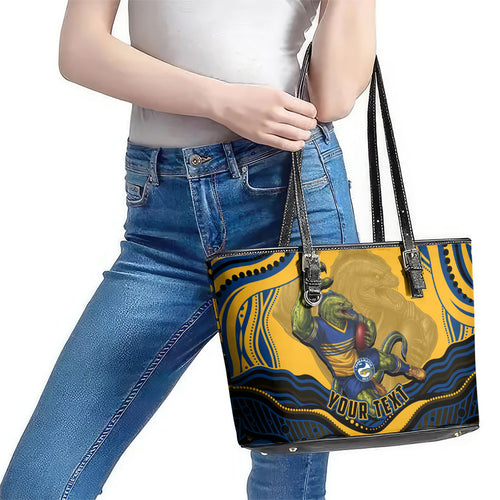 Personalized Parramatta Eels Leather Tote Bag Aboriginal Dot Art - Dreamtime Rugby Mascot