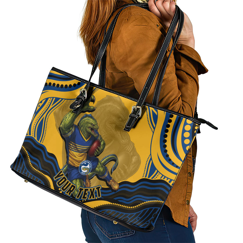 Personalized Parramatta Eels Leather Tote Bag Aboriginal Dot Art - Dreamtime Rugby Mascot