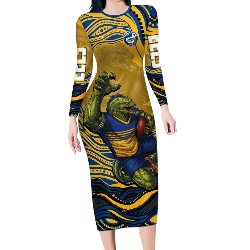 Personalized Parramatta Eels Long Sleeve Bodycon Dress Aboriginal Dot Art - Dreamtime Rugby Mascot