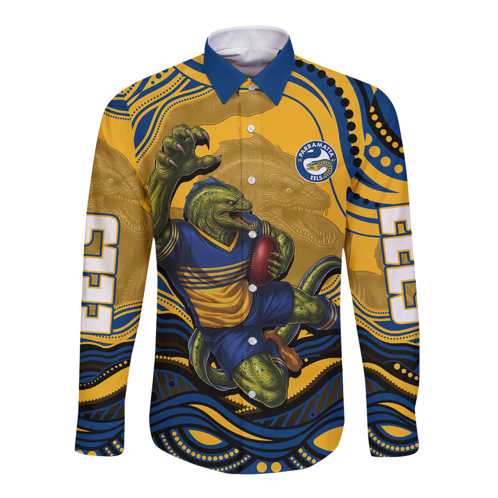 Personalized Parramatta Eels Long Sleeve Button Shirt Aboriginal Dot Art - Dreamtime Rugby Mascot