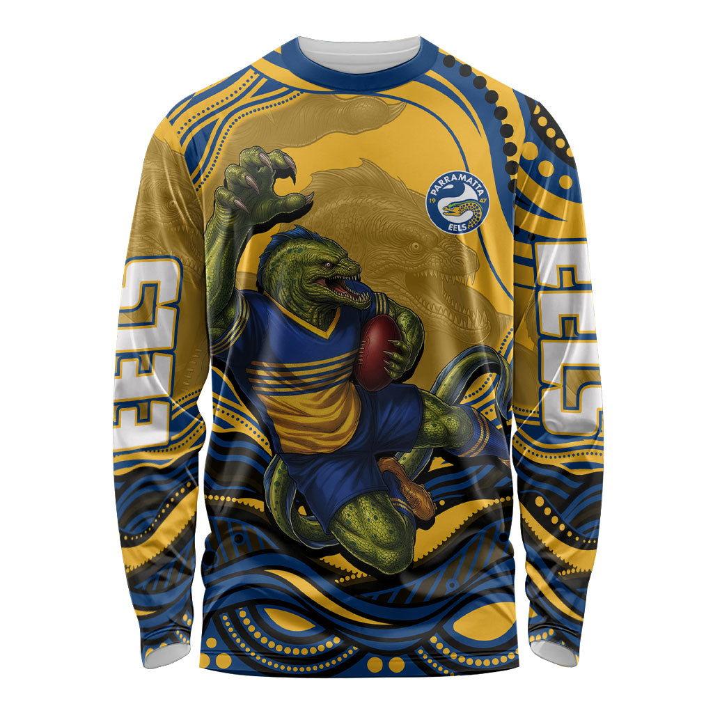 Personalized Parramatta Eels Long Sleeve Shirt Aboriginal Dot Art - Dreamtime Rugby Mascot