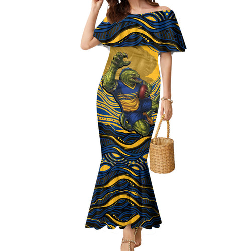 Personalized Parramatta Eels Mermaid Dress Aboriginal Dot Art - Dreamtime Rugby Mascot