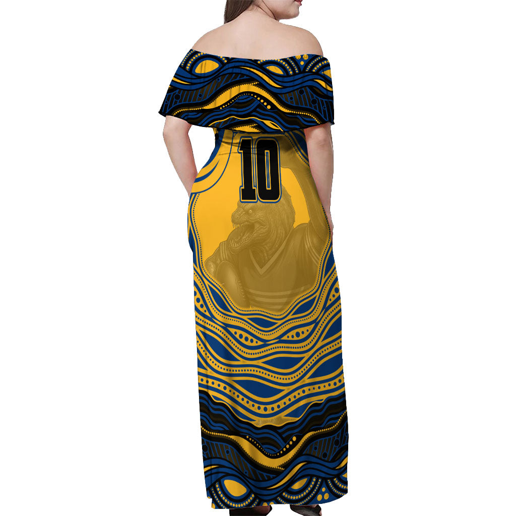 Personalized Parramatta Eels Off Shoulder Maxi Dress Aboriginal Dot Art - Dreamtime Rugby Mascot