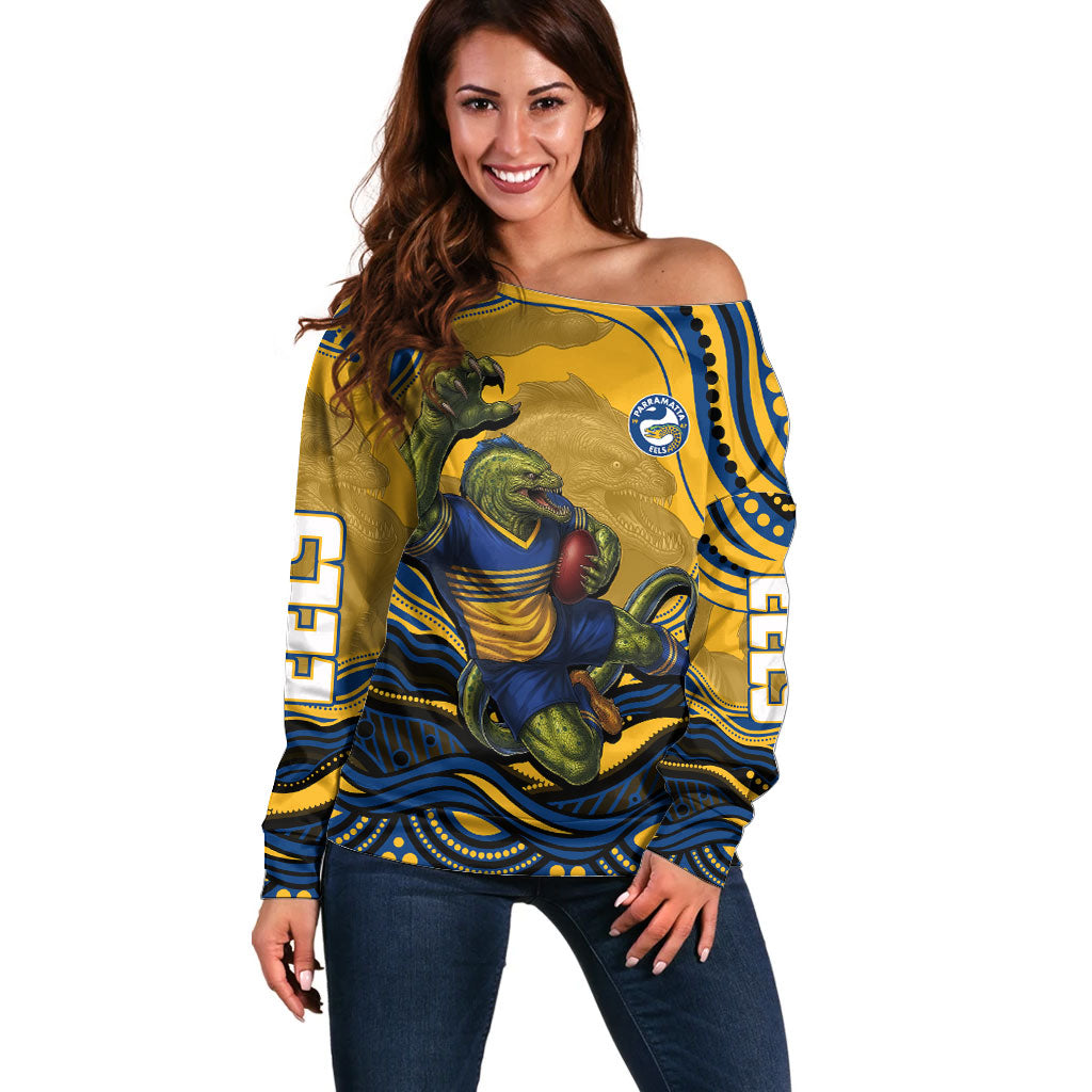 Personalized Parramatta Eels Off Shoulder Sweater Aboriginal Dot Art - Dreamtime Rugby Mascot