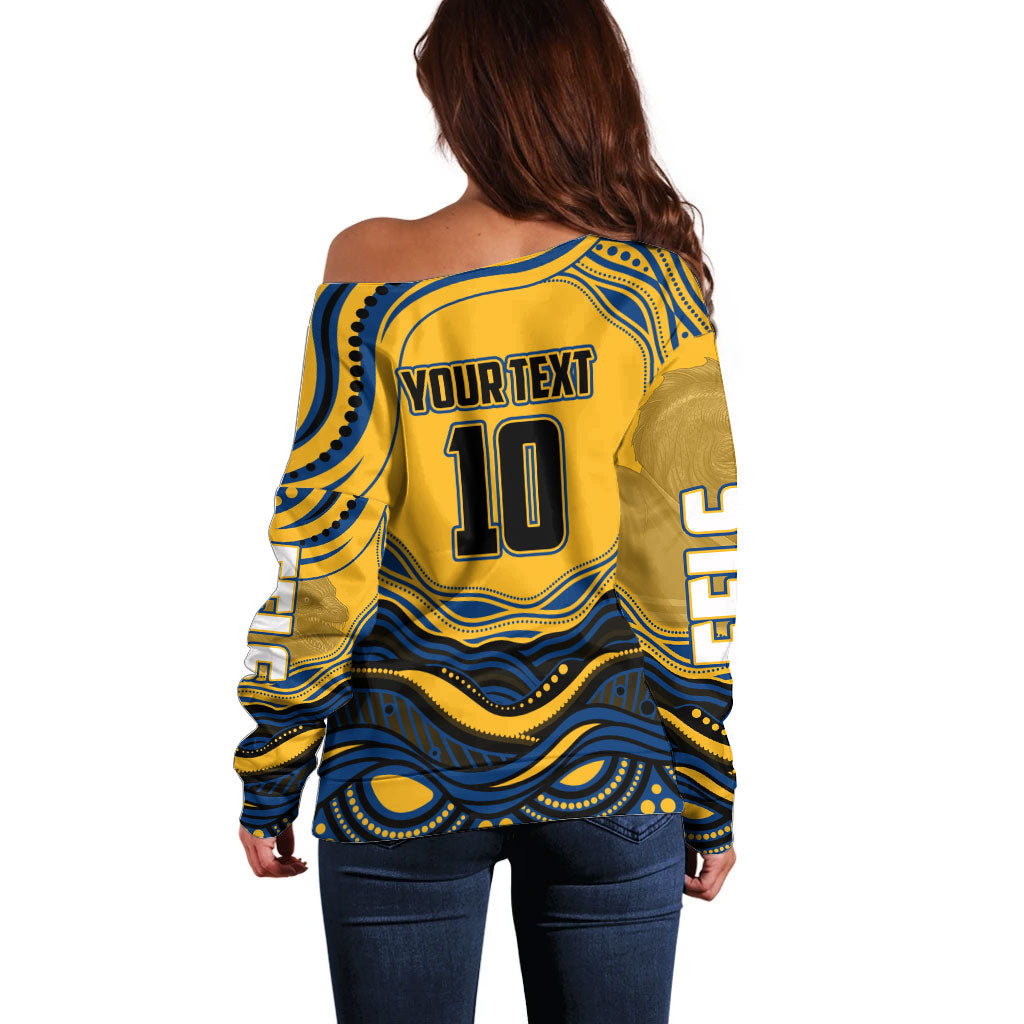 Personalized Parramatta Eels Off Shoulder Sweater Aboriginal Dot Art - Dreamtime Rugby Mascot